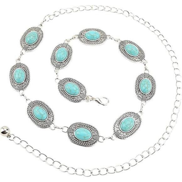 Women Turquoise Concho Chain Belt Western Cowgirl Waist Chain Oval Metal Link main image 4